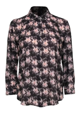 Reiss - Dark Gray & Pink Floral Collared Blouse Sz 6