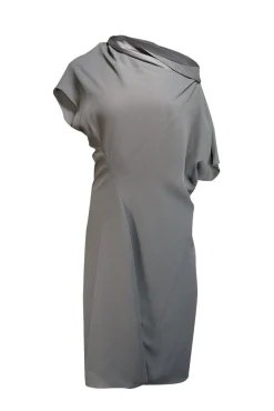 Reiss - Dark Sage Green Asymmetrical Draped Off The Shoulder Dress Sz 8