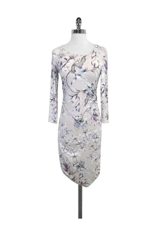 Reiss - Grey & Purple Floral Print Bodycon Dress Sz S
