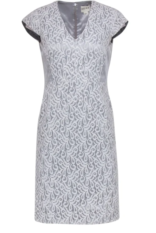 Reiss - Light Grey Lace Sheath Dress w/ Polka Dot Lace Paneling Sz 4