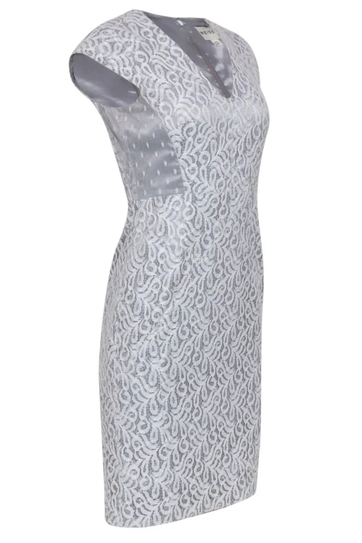 Reiss - Light Grey Lace Sheath Dress w/ Polka Dot Lace Paneling Sz 4