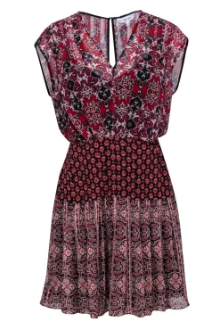 Reiss - Red, Navy, & Ivory Mixed Print Chiffon Mini Dress Sz 2