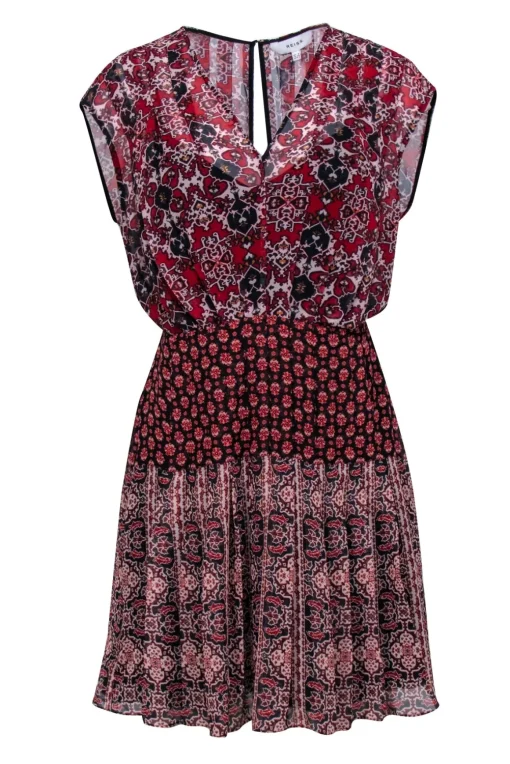 Reiss - Red, Navy, & Ivory Mixed Print Chiffon Mini Dress Sz 2