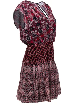 Reiss - Red, Navy, & Ivory Mixed Print Chiffon Mini Dress Sz 2