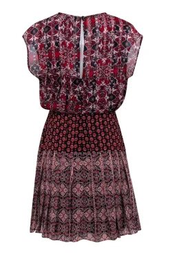 Reiss - Red, Navy, & Ivory Mixed Print Chiffon Mini Dress Sz 2