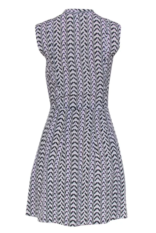 Reiss - White Silk Dress w/ Black & Purple Zig-Zag Pattern Sz 0