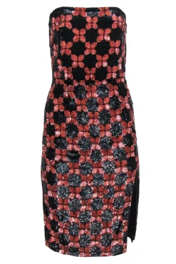 Retrofete - Black & Pink Floral Sequin Strapless "Jaqueline" Sheath Dress Sz S