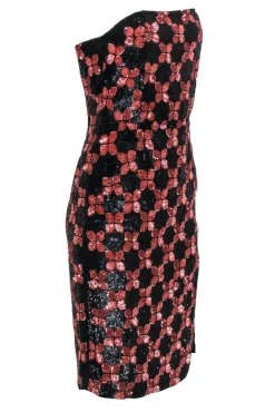 Retrofete - Black & Pink Floral Sequin Strapless "Jaqueline" Sheath Dress Sz S