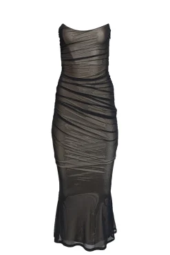 Retrofete - Black Mesh Ruched Strapless Formal Gown Sz XXS