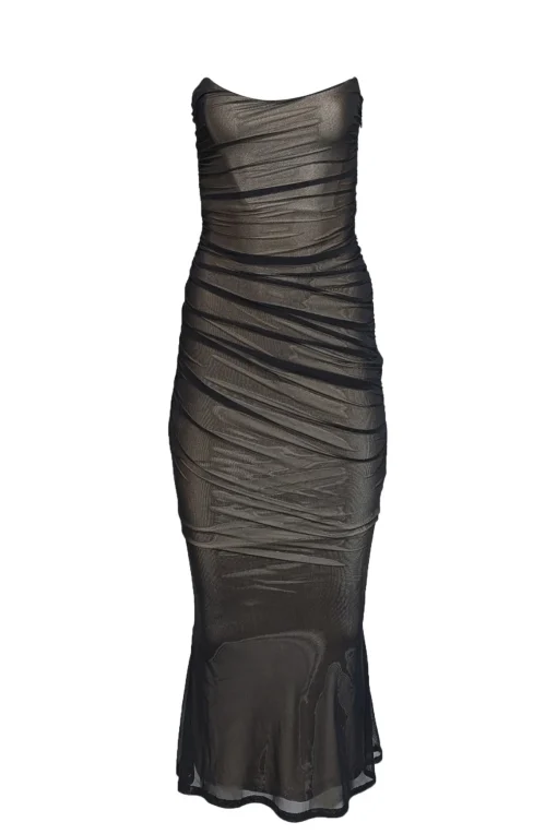 Retrofete - Black Mesh Ruched Strapless Formal Gown Sz XXS