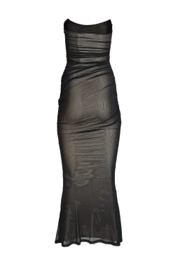 Retrofete - Black Mesh Ruched Strapless Formal Gown Sz XXS