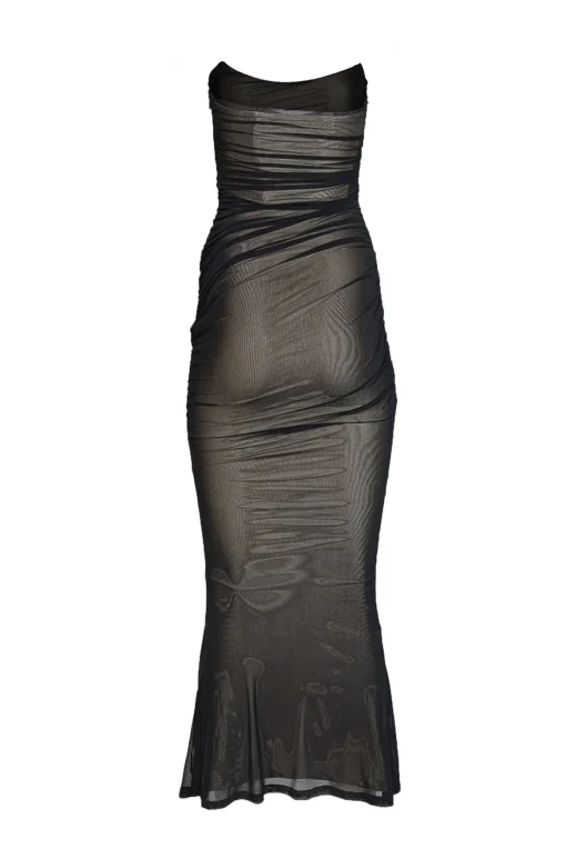 Retrofete - Black Mesh Ruched Strapless Formal Gown Sz XXS