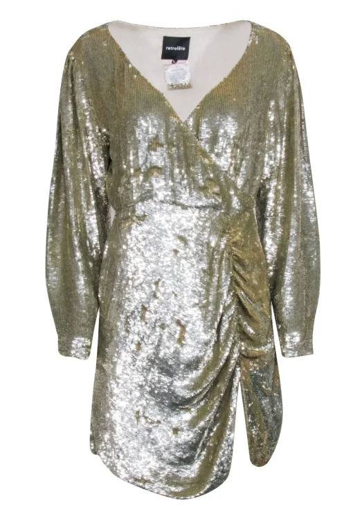 Retrofete - Gold Sequin Wrap Bodice "Stacey" Dress Sz L