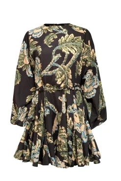 Rhode - Black w/ Pale Yellow & Green Floral Print Long Sleeve Mini Dress Sz S