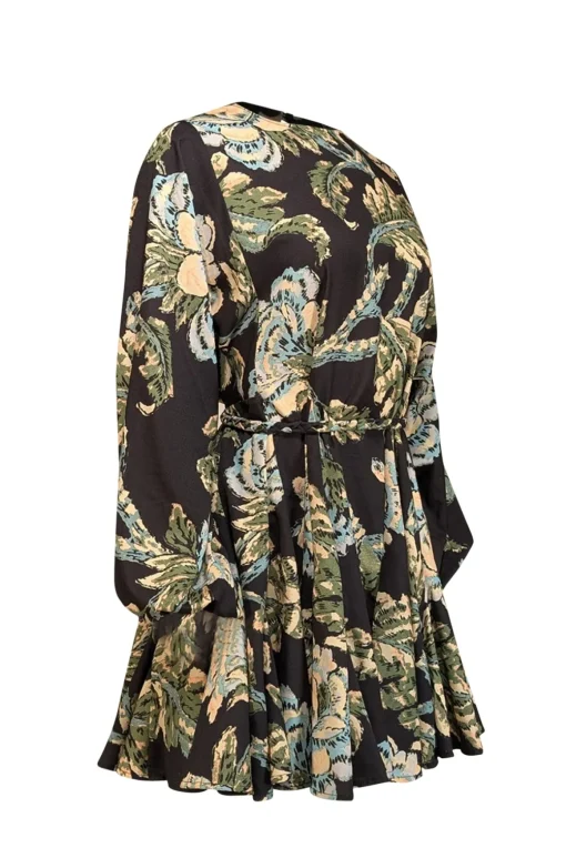 Rhode - Black w/ Pale Yellow & Green Floral Print Long Sleeve Mini Dress Sz S