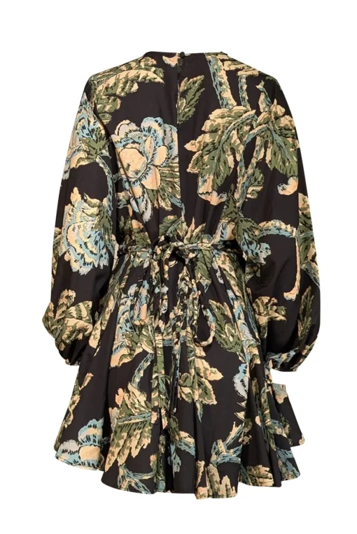 Rhode - Black w/ Pale Yellow & Green Floral Print Long Sleeve Mini Dress Sz S