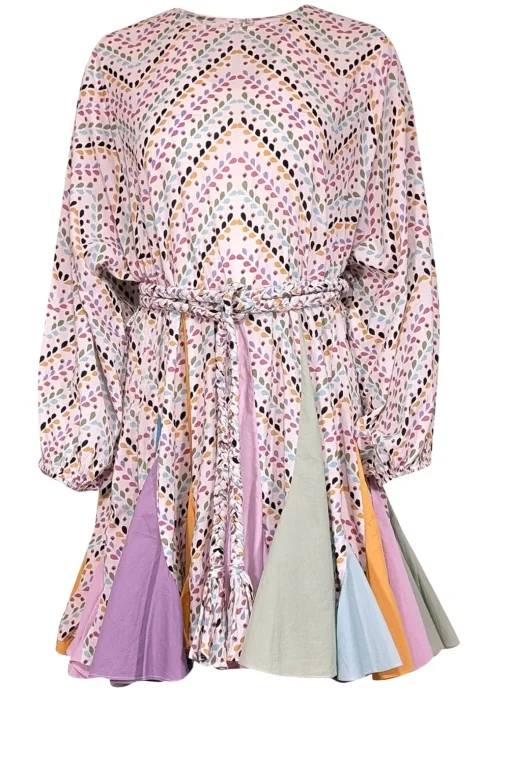 Rhode - White & Pastel Print Cotton Dress w/ Colorblocked Pleating Sz S