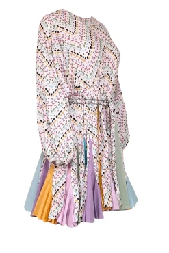 Rhode - White & Pastel Print Cotton Dress w/ Colorblocked Pleating Sz S