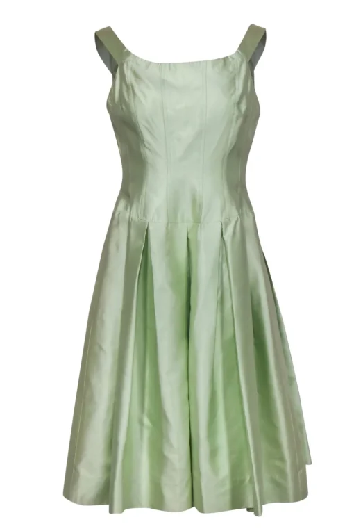 Rickie Freeman for Teri Jon - Light Green Sleeveless Pleated Silk A-Line Dress Sz 8