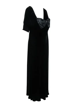 RIXO - Black Silk-Velvet Floor Length Dress w/ Satin Bow Sz 12