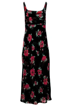 RIXO - Black Velvet Burnout Poppy Print Midi Gown Sz XS