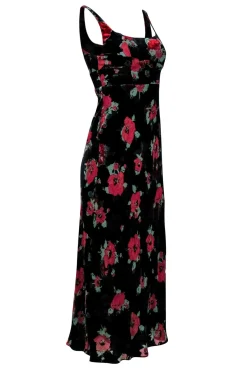 RIXO - Black Velvet Burnout Poppy Print Midi Gown Sz XS