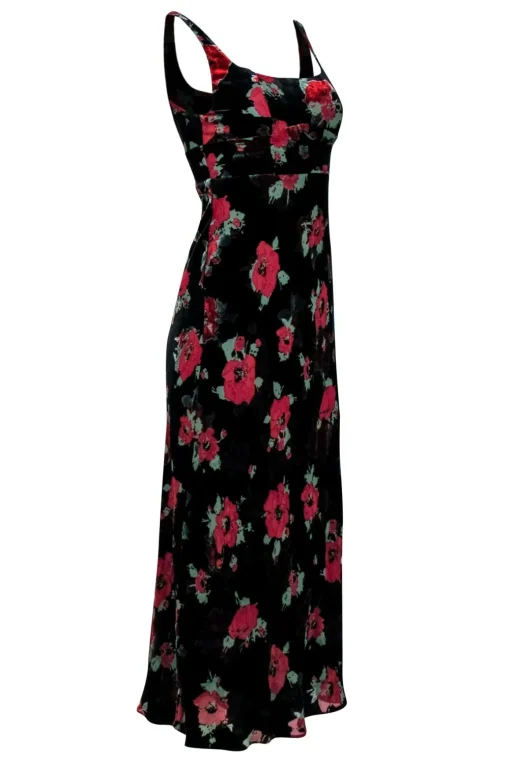 RIXO - Black Velvet Burnout Poppy Print Midi Gown Sz XS
