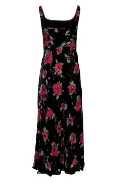 RIXO - Black Velvet Burnout Poppy Print Midi Gown Sz XS