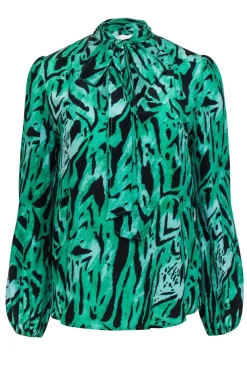 Rixo - Green & Black Silk Animal Print Blouse w/ Necktie Sz S