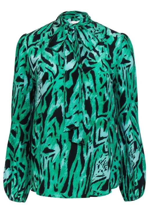 Rixo - Green & Black Silk Animal Print Blouse w/ Necktie Sz S