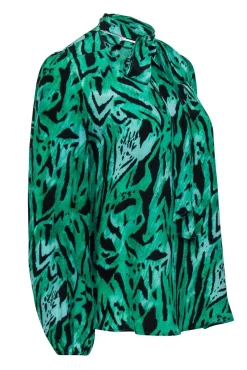 Rixo - Green & Black Silk Animal Print Blouse w/ Necktie Sz S