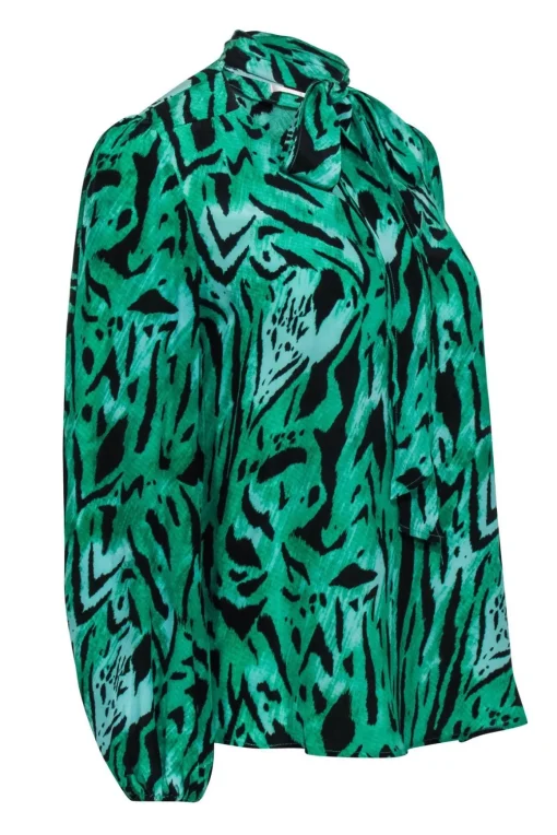 Rixo - Green & Black Silk Animal Print Blouse w/ Necktie Sz S