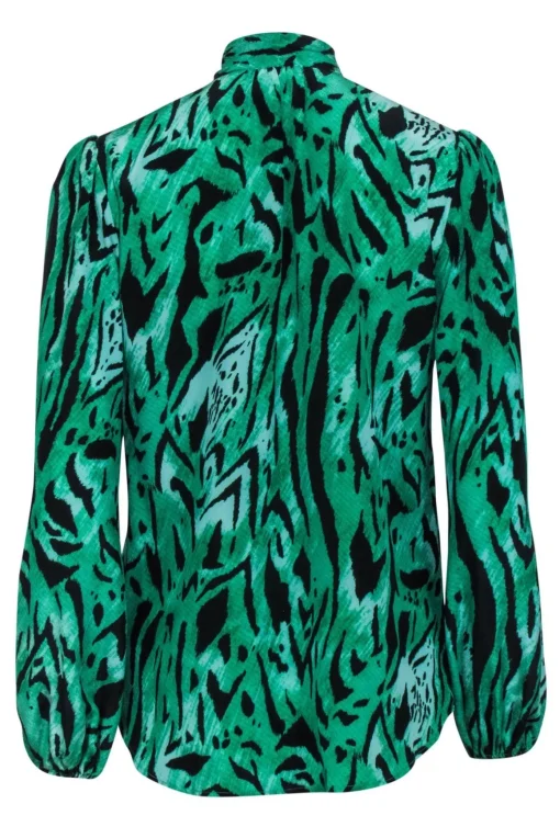 Rixo - Green & Black Silk Animal Print Blouse w/ Necktie Sz S