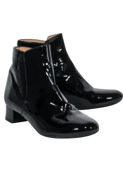 Robert Clergerie - Black Patent Leather Low Block Heel Booties Sz 7.5