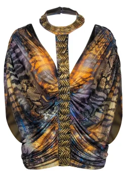 Roberto Cavalli - Multicolor Snake Print Halter Top w/ Beading Sz L
