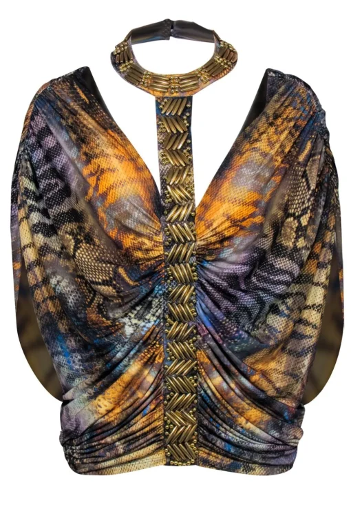 Roberto Cavalli - Multicolor Snake Print Halter Top w/ Beading Sz L