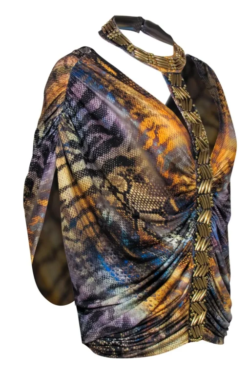 Roberto Cavalli - Multicolor Snake Print Halter Top w/ Beading Sz L