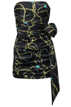Ronny Kobo - Black & Gold Chain & Jewel Print Strapless Dress w/ Bow Sz S