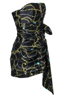 Ronny Kobo - Black & Gold Chain & Jewel Print Strapless Dress w/ Bow Sz S