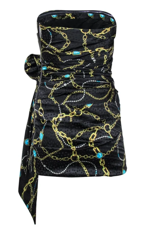 Ronny Kobo - Black & Gold Chain & Jewel Print Strapless Dress w/ Bow Sz S
