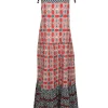 Ro's Garden - Red, Peach, White, Black, & Green Print Sleeveless Maxi Dress Sz M