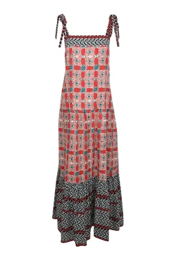 Ro's Garden - Red, Peach, White, Black, & Green Print Sleeveless Maxi Dress Sz M