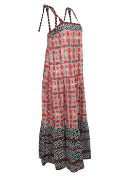 Ro's Garden - Red, Peach, White, Black, & Green Print Sleeveless Maxi Dress Sz M