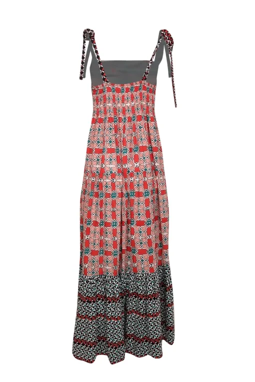 Ro's Garden - Red, Peach, White, Black, & Green Print Sleeveless Maxi Dress Sz M