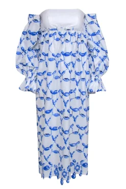 Rosie Assoulin- White & Blue Scalloped Off-the-Shoulder Dress Sz 0