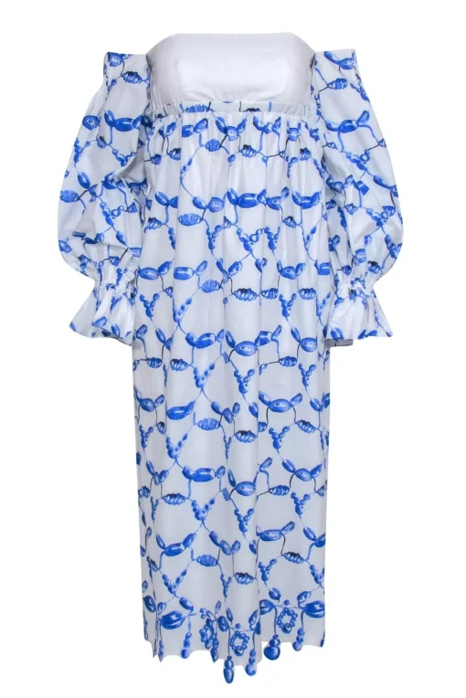 Rosie Assoulin- White & Blue Scalloped Off-the-Shoulder Dress Sz 0