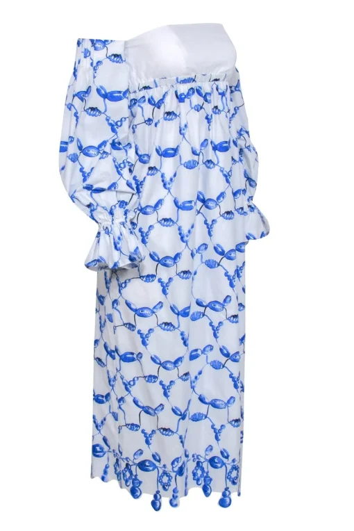 Rosie Assoulin- White & Blue Scalloped Off-the-Shoulder Dress Sz 0