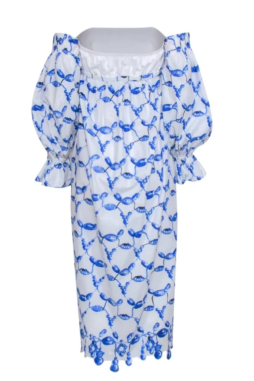 Rosie Assoulin- White & Blue Scalloped Off-the-Shoulder Dress Sz 0