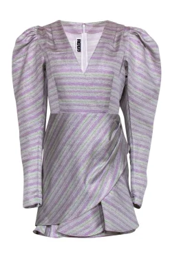 ROTATE Birger Christensen - Purple & Green Metallic Puffed Sleeve Dress Sz 6