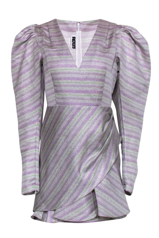ROTATE Birger Christensen - Purple & Green Metallic Puffed Sleeve Dress Sz 6